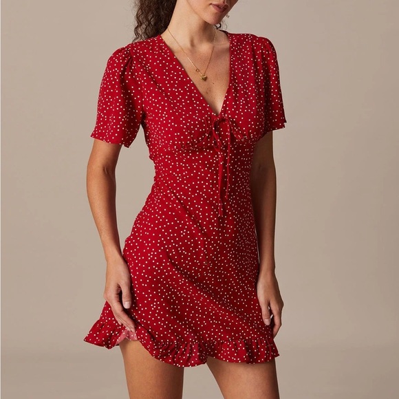 RIHOAS Dresses & Skirts - Rihoas Red V Neck Polka Dot Flounce Mini Dress